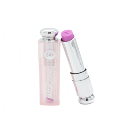 Un tube de rouge à lèvres Rouge à lèvres couleur magique rose avec un capuchon argenté, montré retiré pour révéler le rouge à lèvres violet à l'intérieur. Mode Grande taille