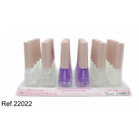 Flacons "Soin ongles effet gel" transparents et violets avec bouchons beiges, disposés en rangées sur un plateau présentoir. Mode Grande taille