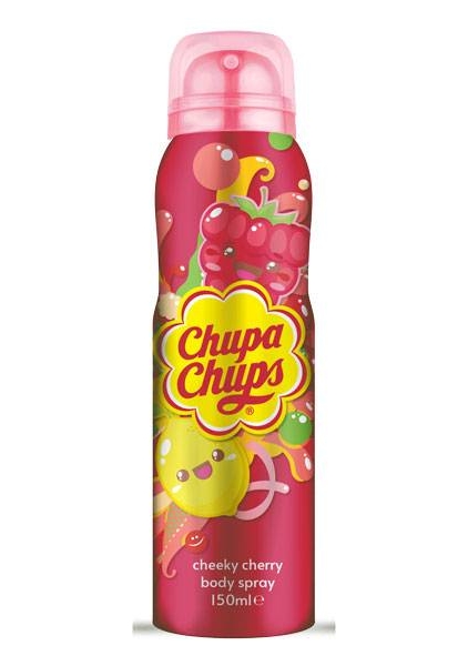 Spray corporel Chupa Chups Cerise, bombe de 150 ml avec graphismes de fruits et bouchon rose. Mode Grande taille