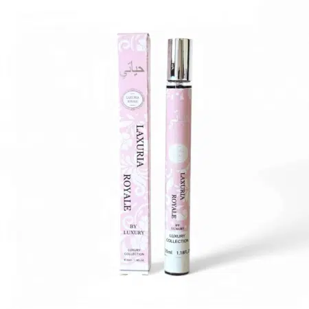 Un flacon de Parfum Laxuria Royale rose et blanc de 35 ml est présenté à côté de sa boîte assortie. Mode Grande taille
