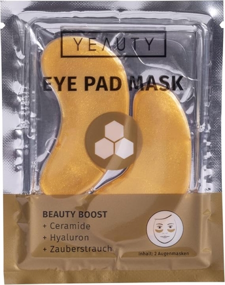 Des masques dorés pour le contour des yeux dans un emballage transparent et doré portant la mention "Masque lissant pour les yeux" pour une mise en beauté. Mode Grande taille