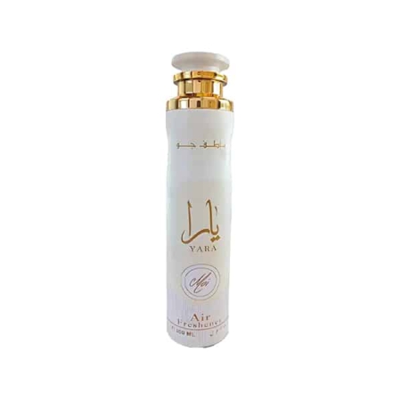 Vaporisateur désodorisant blanc et doré Yara moi avec texte arabe et anglais sur l'étiquette. Mode Grande taille