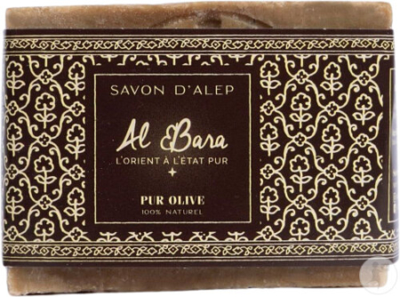 Le Savon d'Alep Al Bara - Pur Olive 200g est présenté dans un emballage orné de brun et d'or et porte la mention "100% olive, 100% naturel". Mode Grande taille