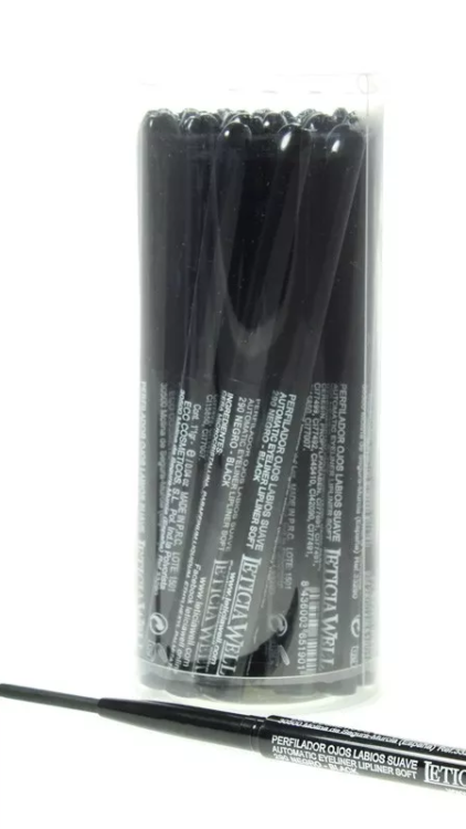 Un contenant de crayons à lèvres rétractables Crayon noir avec un crayon ouvert et son capuchon placé à côté au premier plan. Mode Grande taille