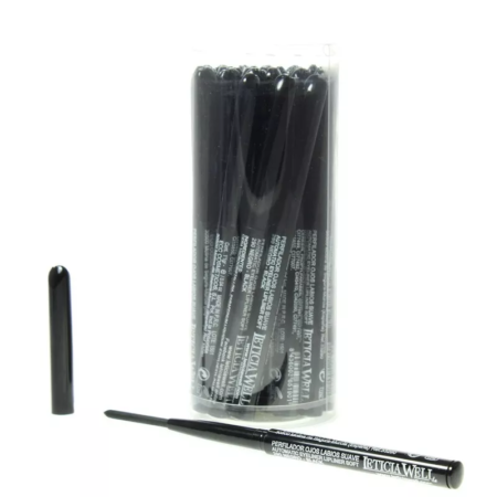 Un contenant de crayons à lèvres rétractables Crayon noir avec un crayon ouvert et son capuchon placé à côté au premier plan. Mode Grande taille