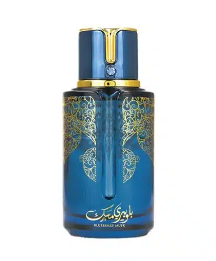 Flacon de parfum bleu avec motifs dorés et texte arabe, étiqueté « Parfum Musk Blueberry ». Mode Grande taille