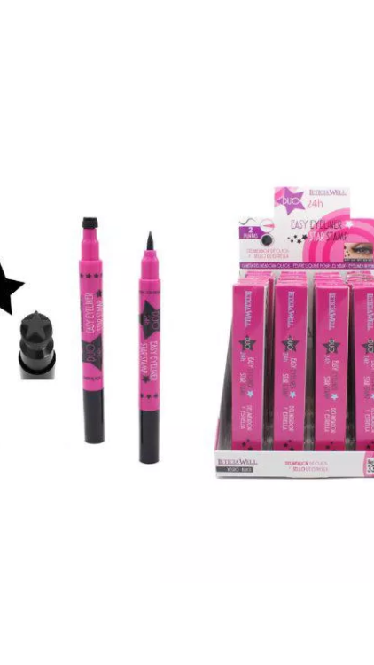 Eye liner et tatoo étoile 2 en 1 : Stylos eye-liner tampons roses en forme d'étoile, dont un stylo non capsulé, présentés avec une boîte de présentation contenant plusieurs stylos emballés. Mode Grande taille