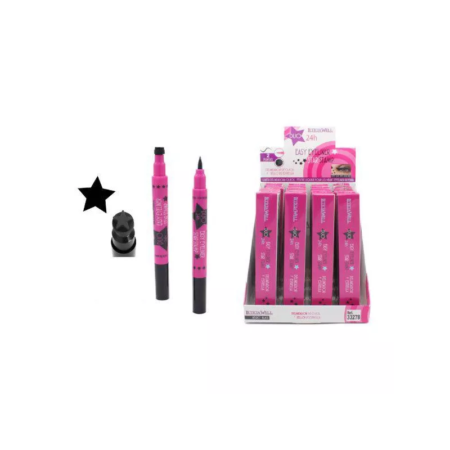 Eye liner et tatoo étoile 2 en 1 : Stylos eye-liner tampons roses en forme d'étoile, dont un stylo non capsulé, présentés avec une boîte de présentation contenant plusieurs stylos emballés. Mode Grande taille