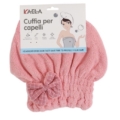 Le Bonnet Serviette Cheveux Ultra-Absorbant est un bonnet de séchage rose avec un nœud, étiqueté "Cuffia per capelli", présenté dans son emballage. Mode Grande taille