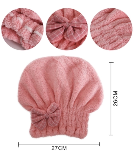Bonnet Serviette Cheveux Ultra-Absorbant en microfibre rose avec un nœud à carreaux, des détails en gros plan et des dimensions étiquetées de 27cm x 26cm. Mode Grande taille