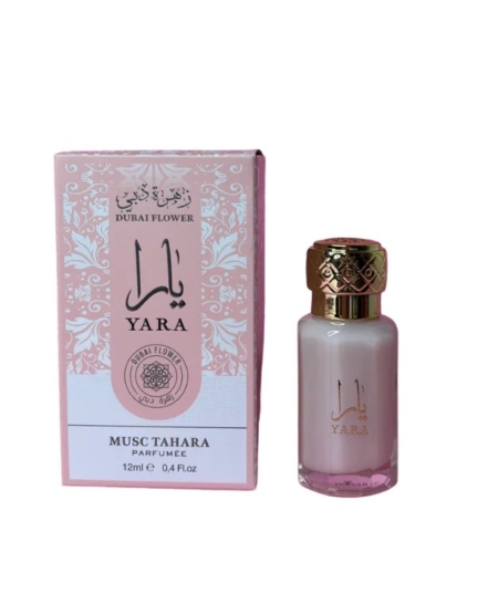 Une boîte rose et un flacon de parfum Musc Tahara Yara, 12ml, par Dubai Flower. Mode Grande taille