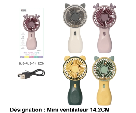 Lot de cinq Mini ventilateurs 14cm avec des motifs d'oreilles d'animaux dans des couleurs assorties, chacun présenté avec un câble de chargement USB. Mode Grande taille