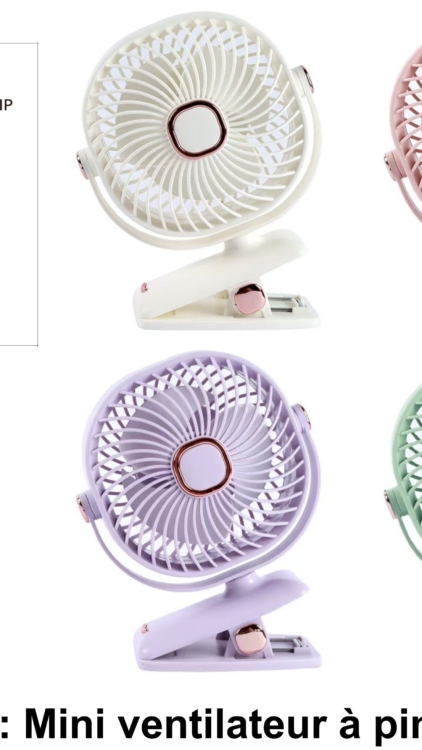 Quatre Mini ventilateur portable à pince colorés en blanc, rose, violet et vert avec l'emballage du produit illustré. Mode Grande taille