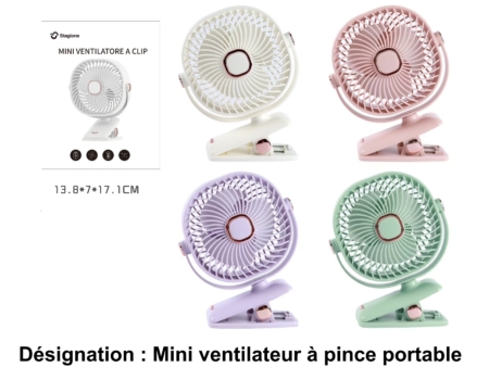 Quatre Mini ventilateur portable à pince colorés en blanc, rose, violet et vert avec l'emballage du produit illustré. Mode Grande taille