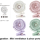 Quatre Mini ventilateur portable à pince colorés en blanc, rose, violet et vert avec l'emballage du produit illustré. Mode Grande taille