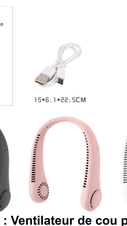 Trois Mini ventilateurs de cou portables de 14 cm en noir, rose et blanc, chacun avec un câble USB et l'emballage du produit inclus. Mode Grande taille