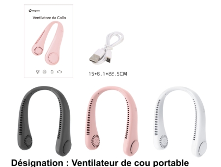 Trois Mini ventilateurs de cou portables de 14 cm en noir, rose et blanc, chacun avec un câble USB et l'emballage du produit inclus. Mode Grande taille