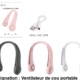 Trois Mini ventilateurs de cou portables de 14 cm en noir, rose et blanc, chacun avec un câble USB et l'emballage du produit inclus. Mode Grande taille