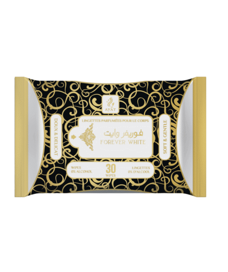 Paquet noir et or de Lingettes intimes parfumées forever white body wipes, 30 pièces, étiquetées 0% d'alcool, douces et délicates. Mode Grande taille