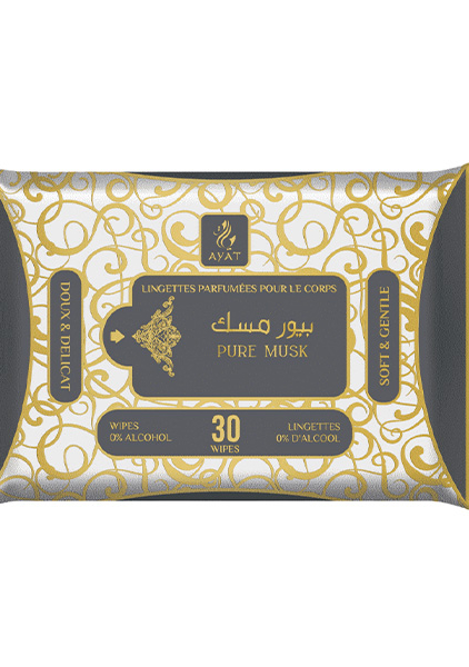 Un paquet de Lingettes parfumées Pur Musk au design or et gris, contenant 30 lingettes sans alcool. Mode Grande taille