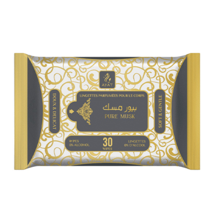 Un paquet de Lingettes parfumées Pur Musk au design or et gris, contenant 30 lingettes sans alcool. Mode Grande taille