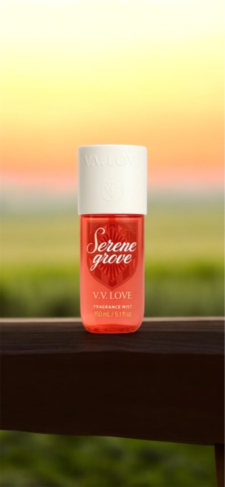 Une bouteille de brume de parfum Serene Grove V.V. Love sur une surface en bois avec un arrière-plan flou de coucher de soleil en extérieur. Mode Grande taille