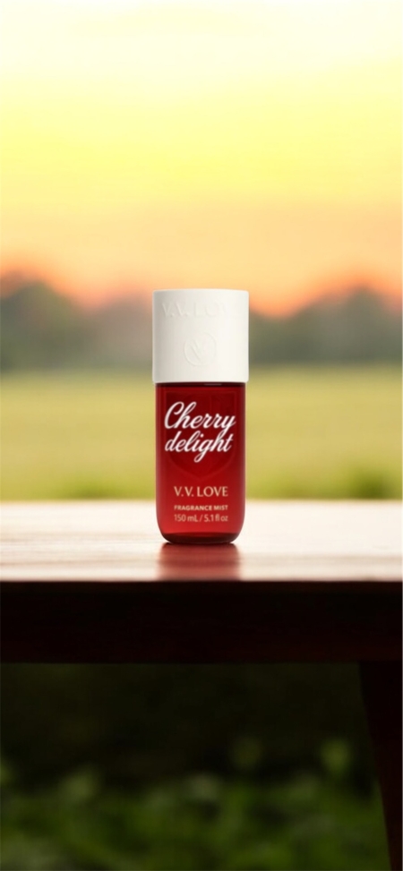 Un flacon rouge étiqueté "Cherry delight" est posé sur une surface en bois avec un arrière-plan flou en extérieur. Mode Grande taille