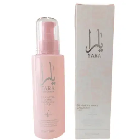 Un flacon de Sérum cheveux Yara Rose avec une boîte rose assortie, étiqueté pour la douceur et la brillance des cheveux abîmés. Mode Grande taille