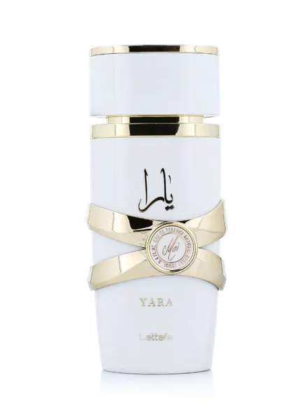 Un flacon de parfum blanc et doré de 100 ml étiqueté « Parfum Yara moi - Lattafa » présente une écriture arabe et d'élégants accents dorés. Mode Grande taille