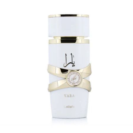 Un flacon de parfum blanc et doré de 100 ml étiqueté « Parfum Yara moi - Lattafa » présente une écriture arabe et d'élégants accents dorés. Mode Grande taille