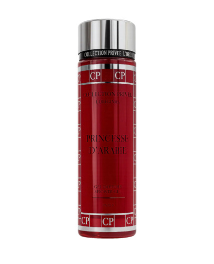 Flacon rouge et argent du Gel Douche Princesse d'Arabie de la ligne Collection Privée. Mode Grande taille