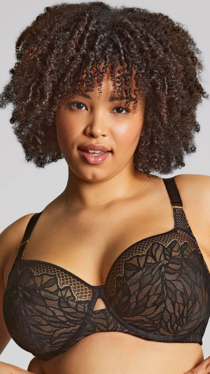 Une femme aux cheveux bouclés porte le soutien-gorge emboîtant Sophia, un soutien-gorge en dentelle noire, et regarde la caméra avec assurance sur un fond uni. Mode Grande taille