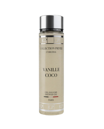 Un flacon transparent de Gel Douche Vanille Coco - Collection Privée avec un bouchon argenté et une étiquette minimaliste. Mode Grande taille
