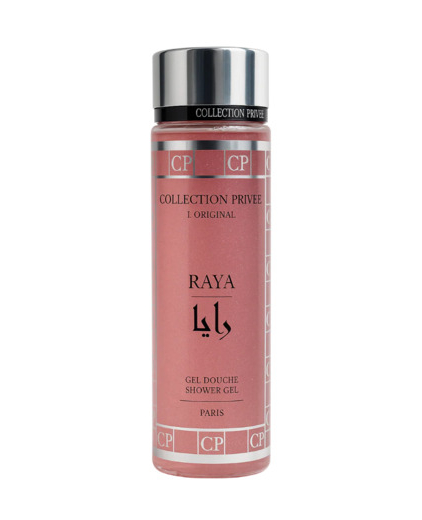 Un flacon rose de Gel Douche RAYA - Collection Privée avec un bouchon argenté et une étiquette bilingue. Mode Grande taille