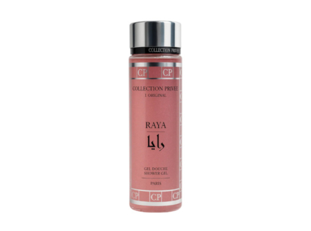 Un flacon rose de Gel Douche RAYA - Collection Privée avec un bouchon argenté et une étiquette bilingue. Mode Grande taille