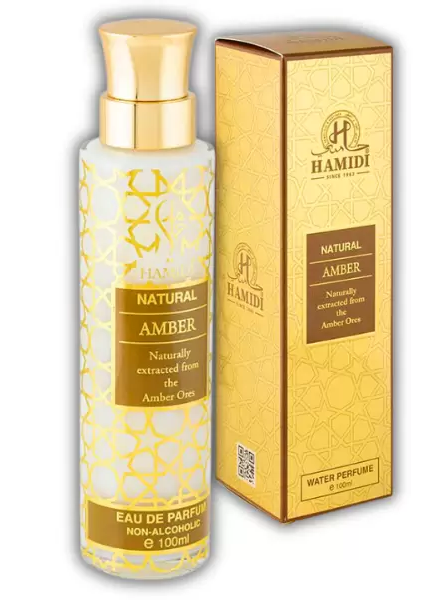 Amber Brume Eau de Milky par Hamidi Luxury Dubai, 100ml, parfum non alcoolisé avec un flacon et un coffret or et blanc. Mode Grande taille