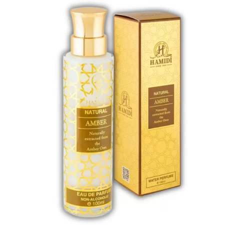 Amber Brume Eau de Milky par Hamidi Luxury Dubai, 100ml, parfum non alcoolisé avec un flacon et un coffret or et blanc. Mode Grande taille