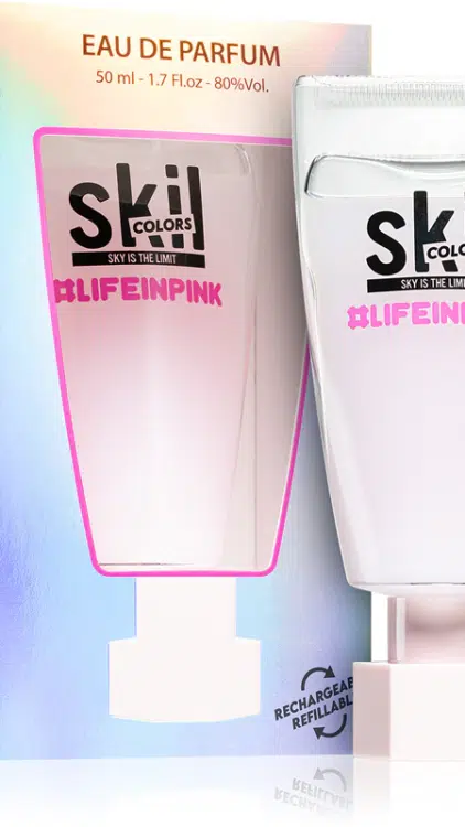Flacon et coffret de parfum Skil Colors Life in Pink au design moderne et minimaliste et aux accents pastel. Mode Grande taille