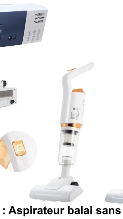 Aspirateur à main rechargeable au design blanc et orange, présenté avec sa boîte et les détails du produit. Mode Grande taille