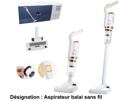 Aspirateur à main rechargeable au design blanc et orange, présenté avec sa boîte et les détails du produit. Mode Grande taille