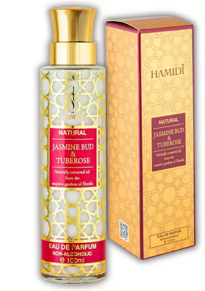 Un flacon de 100ml du parfum Hamidi Eau de Milky Jasmine Bud And Tuberose avec son coffret orange et or assorti. Mode Grande taille