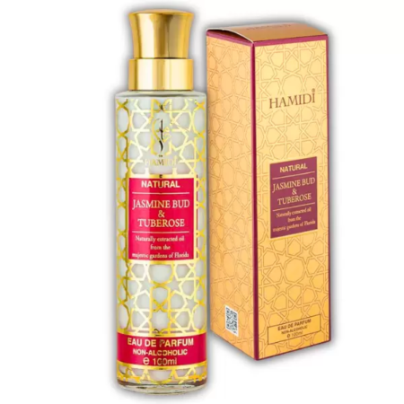 Un flacon de 100ml du parfum Hamidi Eau de Milky Jasmine Bud And Tuberose avec son coffret orange et or assorti. Mode Grande taille