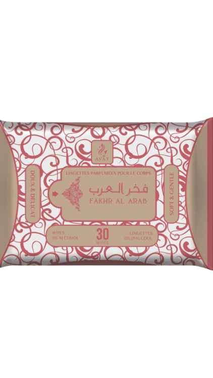 Un paquet de Lingettes Intimes Parfumées Fakhr Al Arab, avec un motif décoratif rose et or, contient 30 lingettes et est étiqueté 0% d'alcool. Mode Grande taille