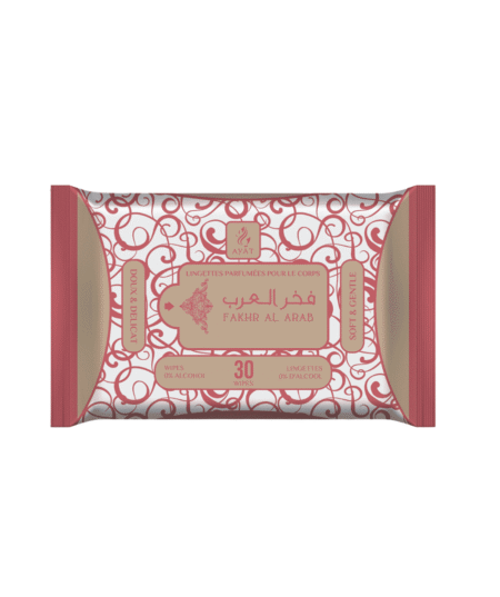 Un paquet de Lingettes Intimes Parfumées Fakhr Al Arab, avec un motif décoratif rose et or, contient 30 lingettes et est étiqueté 0% d'alcool. Mode Grande taille