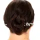Femme aux cheveux noirs en chignon, ornée de l'Épingle à Cheveux Médusa, une épingle à cheveux en argent en forme de serpent aux yeux verts. Mode Grande taille
