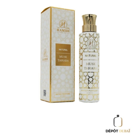 Un flacon et un coffret d'Eau de Milky Musk Tahara by Hamidi, 100ml, avec des motifs dorés et blancs. Mode Grande taille