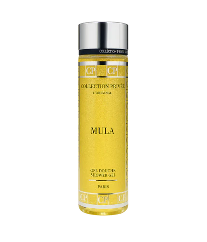 Un flacon jaune de Gel Douche MULA - Collection Privée avec un bouchon argenté. Mode Grande taille