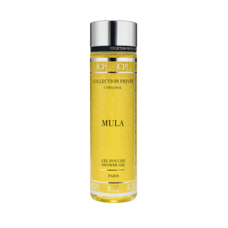 Un flacon jaune de Gel Douche MULA - Collection Privée avec un bouchon argenté. Mode Grande taille