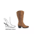 Bottes Santiag mollets larges 2XL Irina taupe de Gabylou : une botte marron à hauteur du genou avec un talon bas, présentant un diagramme de sa semelle intérieure amovible. Mode Grande taille