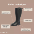 Les Bottes cavalières mollets larges 4XL Kate - Gabylou sont des bottes d'équitation noires avec un talon de 3 cm, une semelle intérieure amovible et une coupe extra-large au niveau de la cheville et du pied. Mode Grande taille